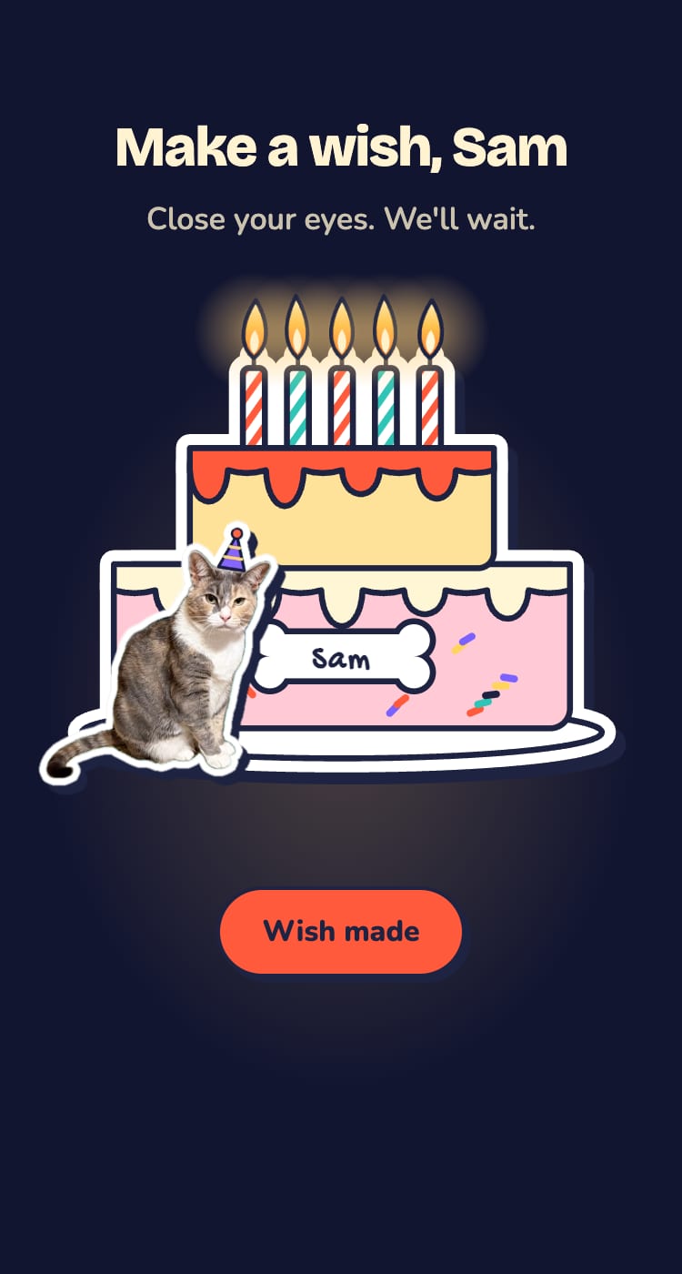 Piper by a cake with five lit candles