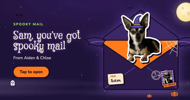 Link preview: Chloe in a witch hat in an envelope. Sam, you've got spooky mail. From Aiden and Chloe. Tap to open.