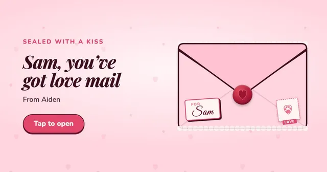 Link preview: a sealed pink Valentine's envelope with a heart wax seal and a paw stamp, nobody inside yet. Sealed with a kiss. Sam, you've got love mail. From Aiden. Tap to open.